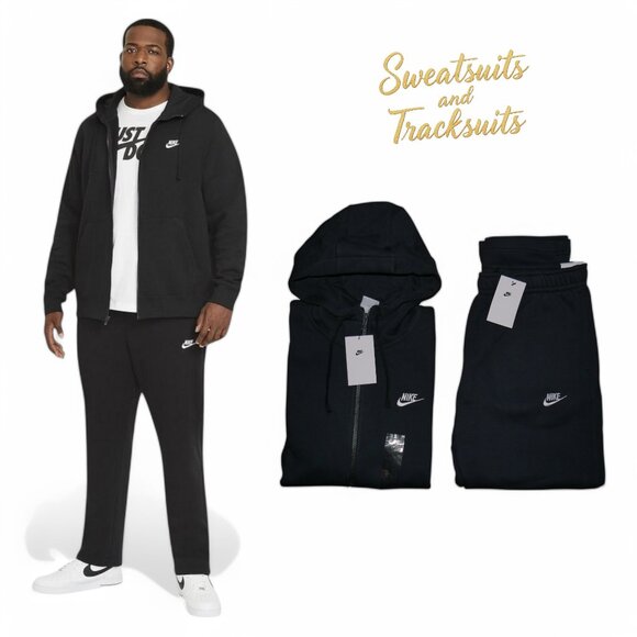 Nike Club Fleece Men's Sweatsuit 2 PC Tracksuit Matching Black Hoodie Pants NWT - Picture 1 of 14